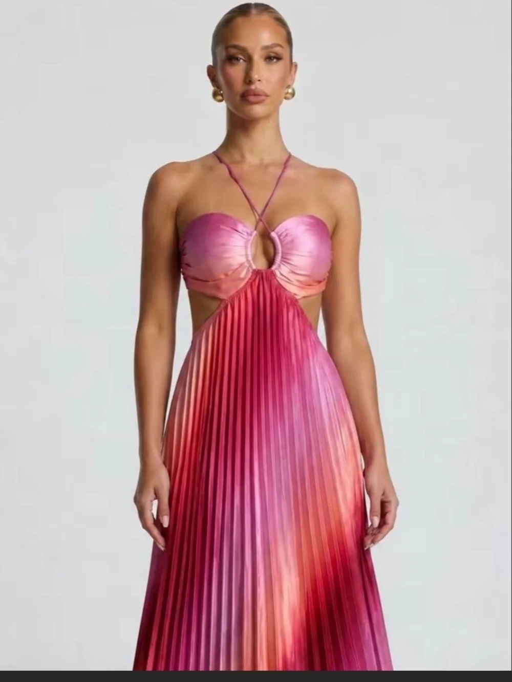 Tie-Dye Pink & Coral Pleated Cutout Maxi Dress